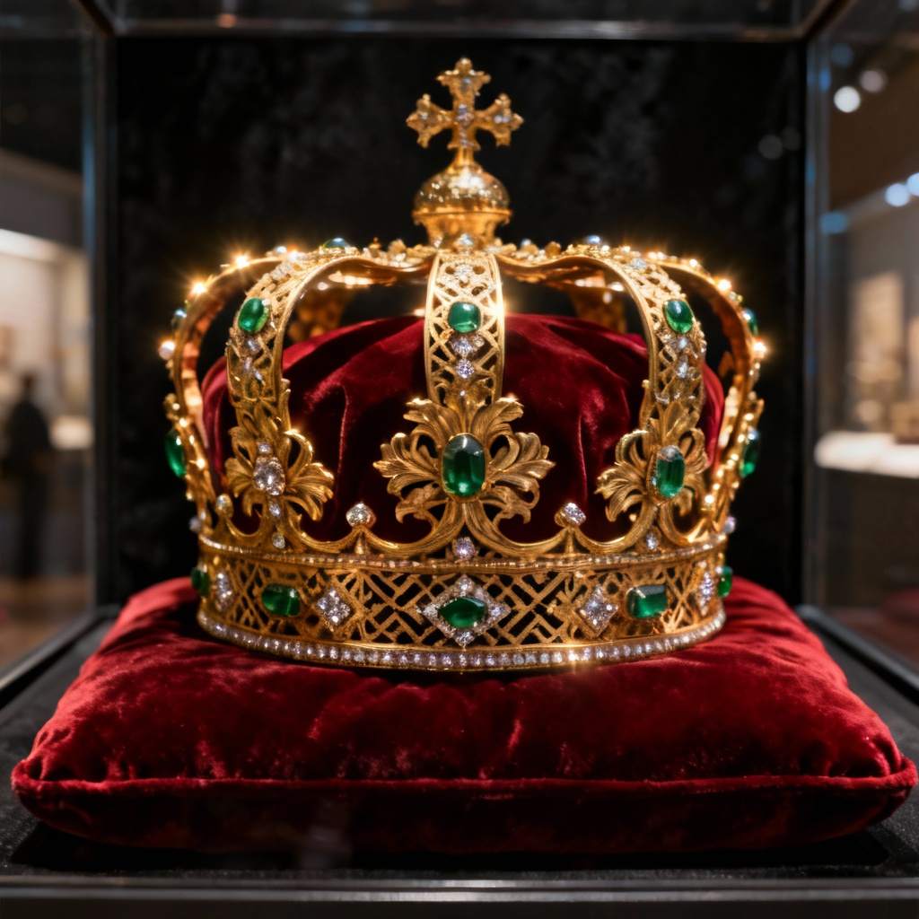Photorealistic golden crown with emeralds on red velvet cushion