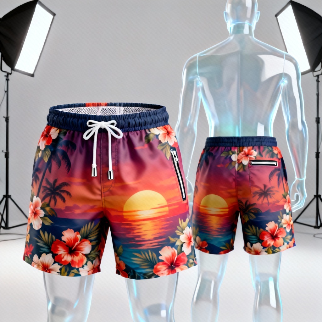 AI Hawaiian floral board shorts mockup front and back