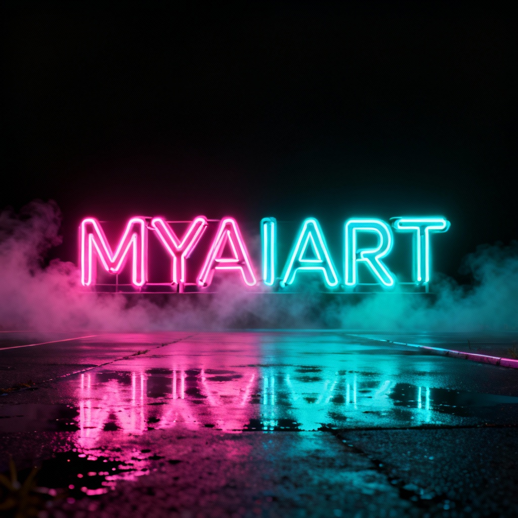 AI neon city poster with glowing text and reflections