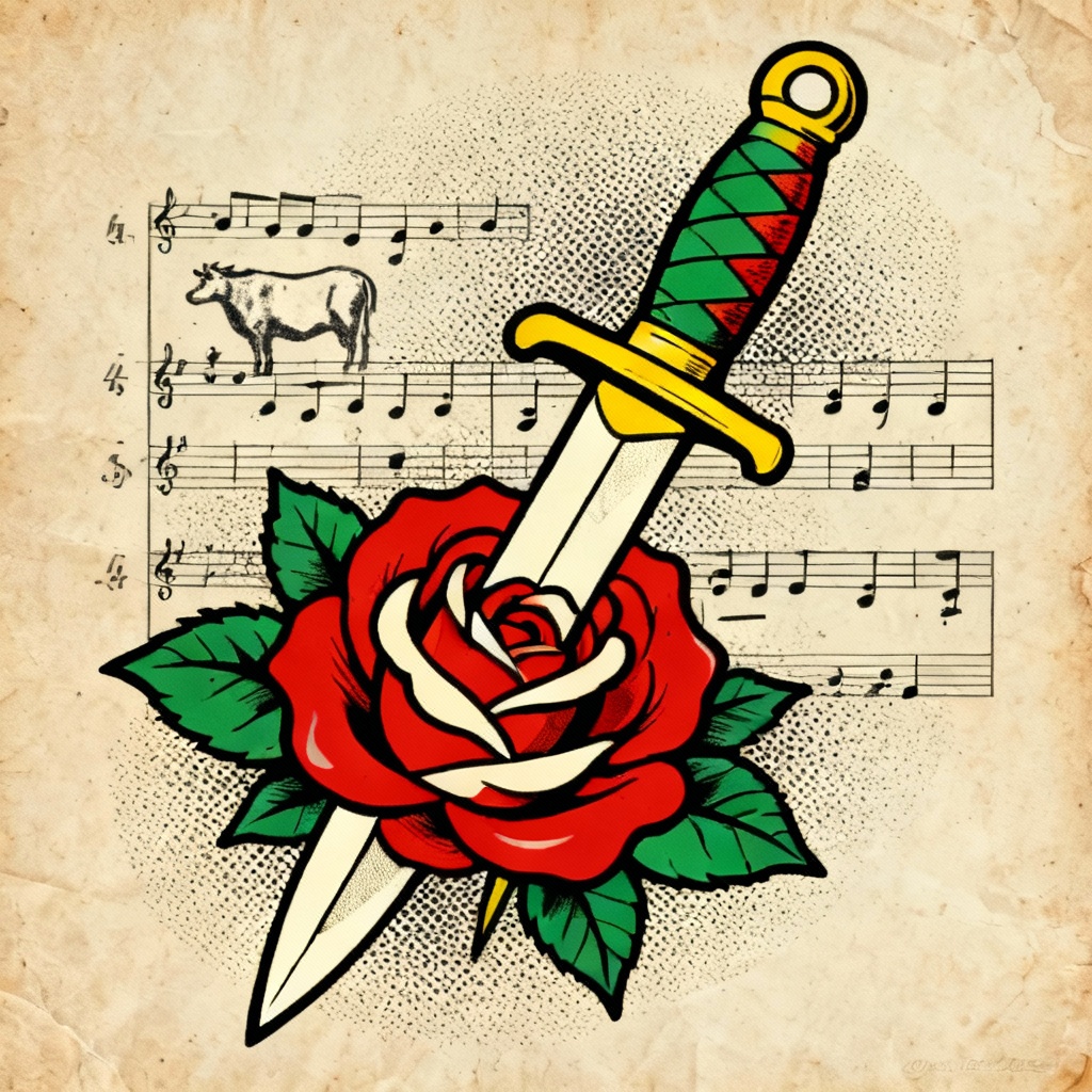 AI traditional dagger and rose calf tatoo art
