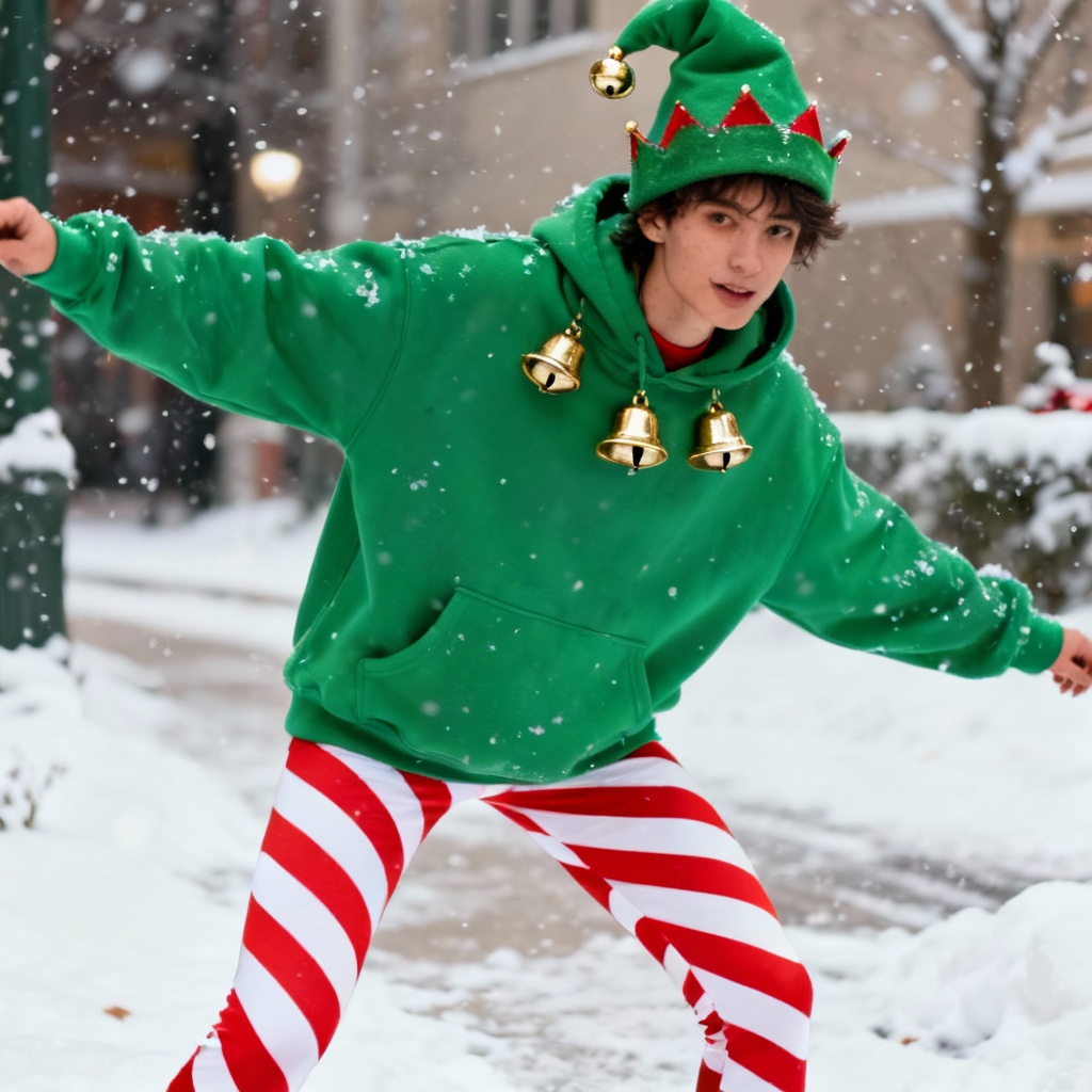 AI elf hoodie and candy cane leggings