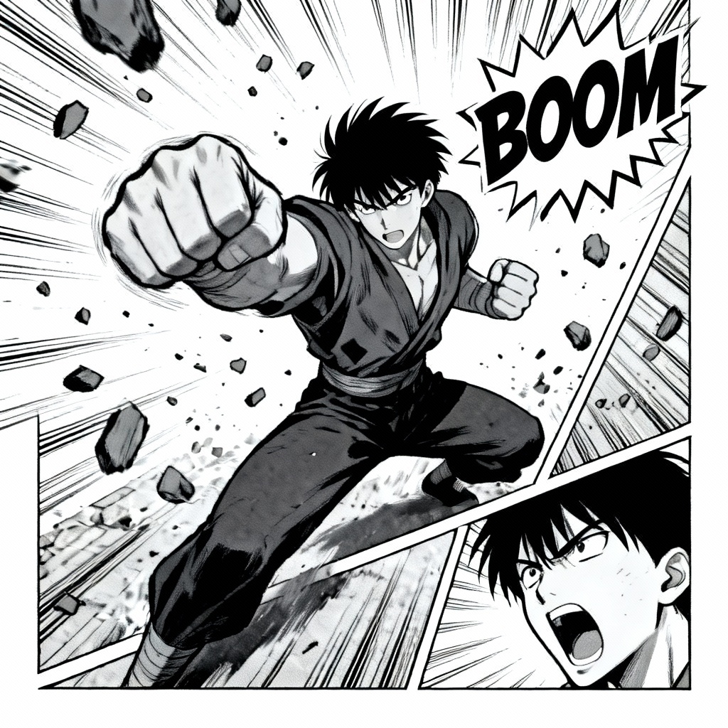 AI manga splash page with explosive action and speed lines