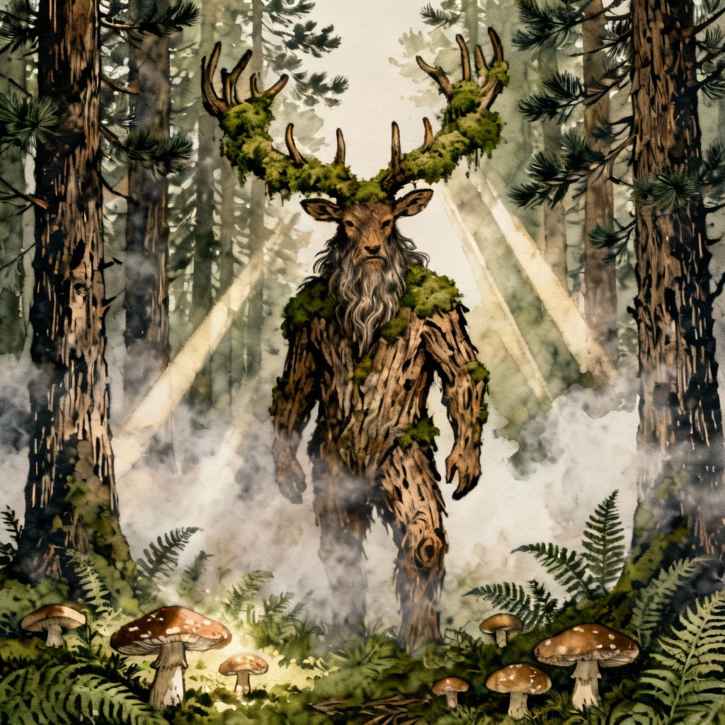 AI Leshy forest spirit guarding pine woods