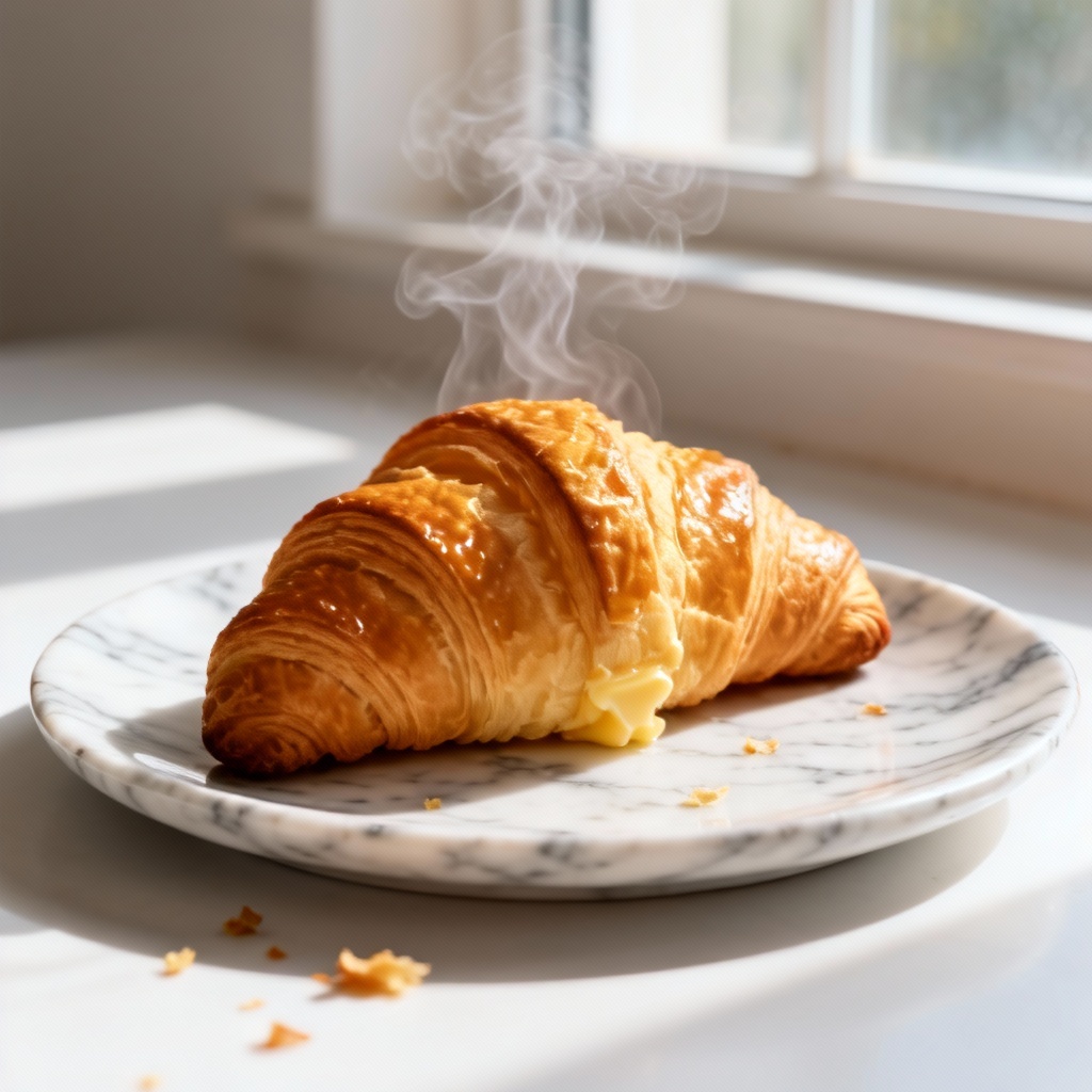 AI golden croissant with steam on marble plate