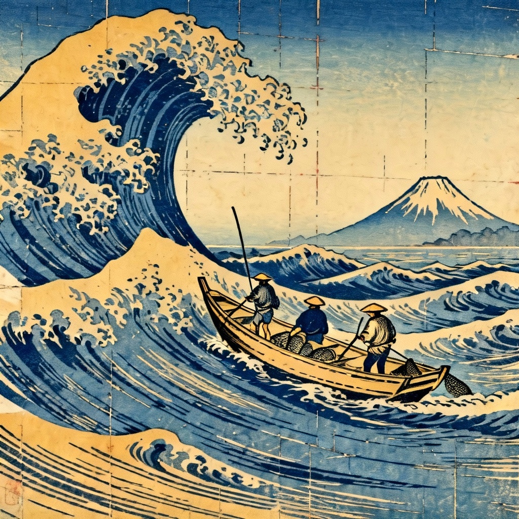 AI ukiyo-e fishermen and dramatic waves