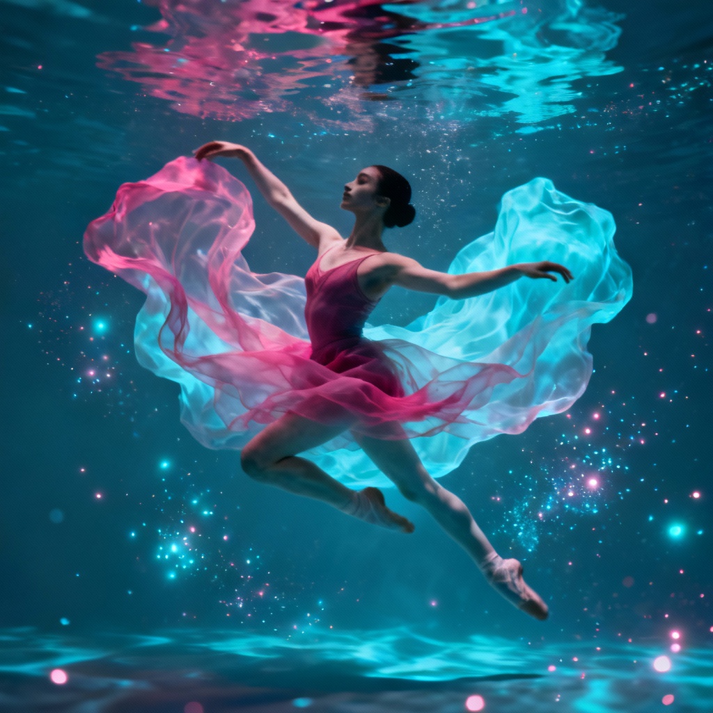 AI ethereal underwater dancer with bioluminescence