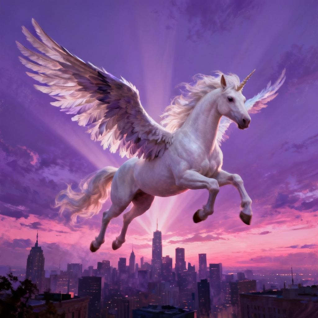 AI fantasy pegasus soaring over city at twilight