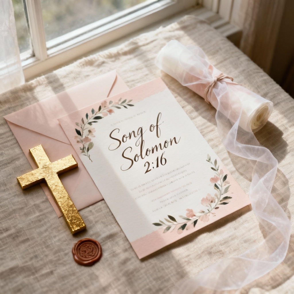 AI Christian wedding invitation with Bible verse and gold foil cross