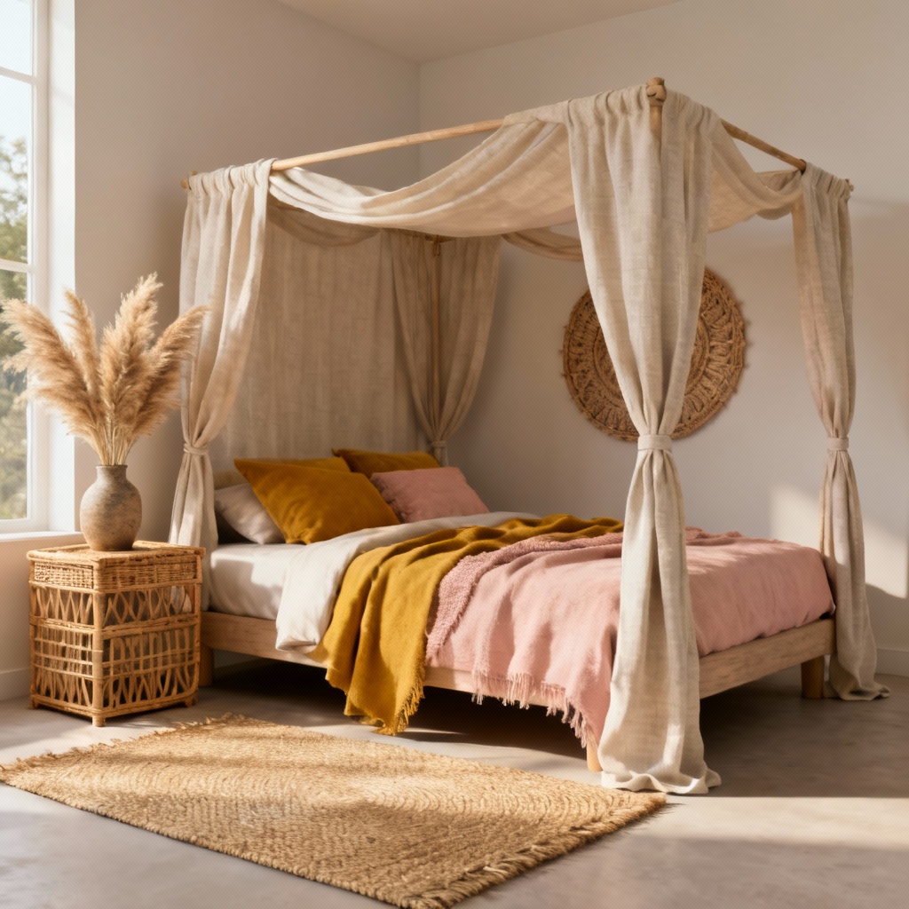 AI boho chic girls room with canopy bed, rattan decor, and warm neutrals