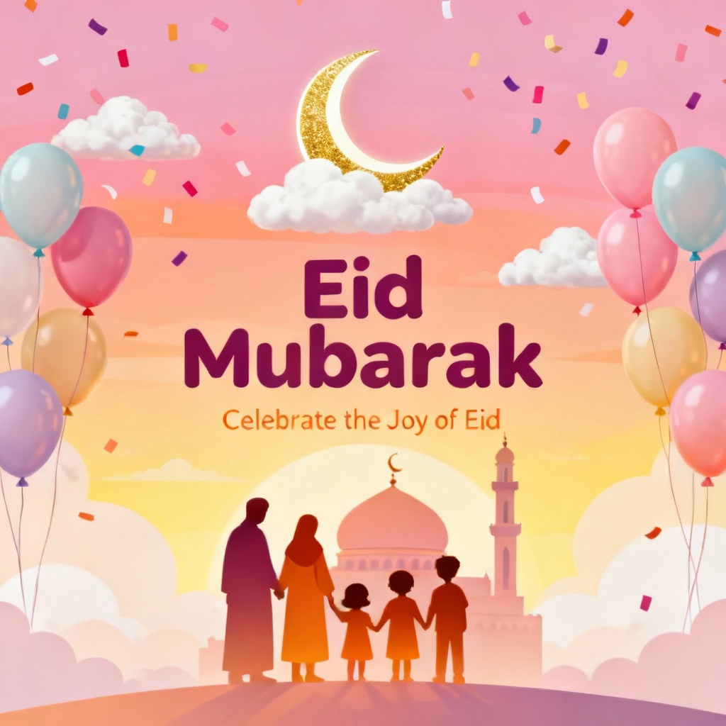 Festive Eid al-Fitr banner with mosque and crescent