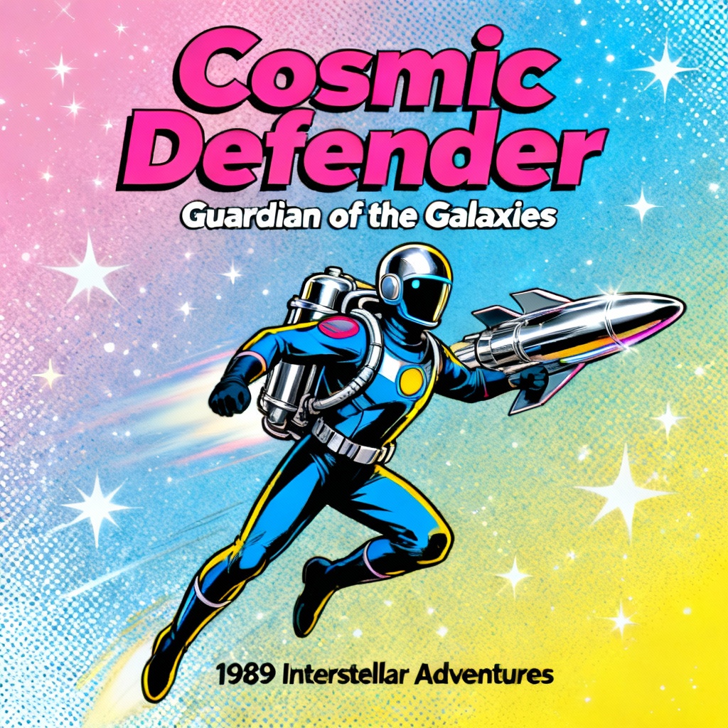 AI retro space superhero with chrome jetpack in stars