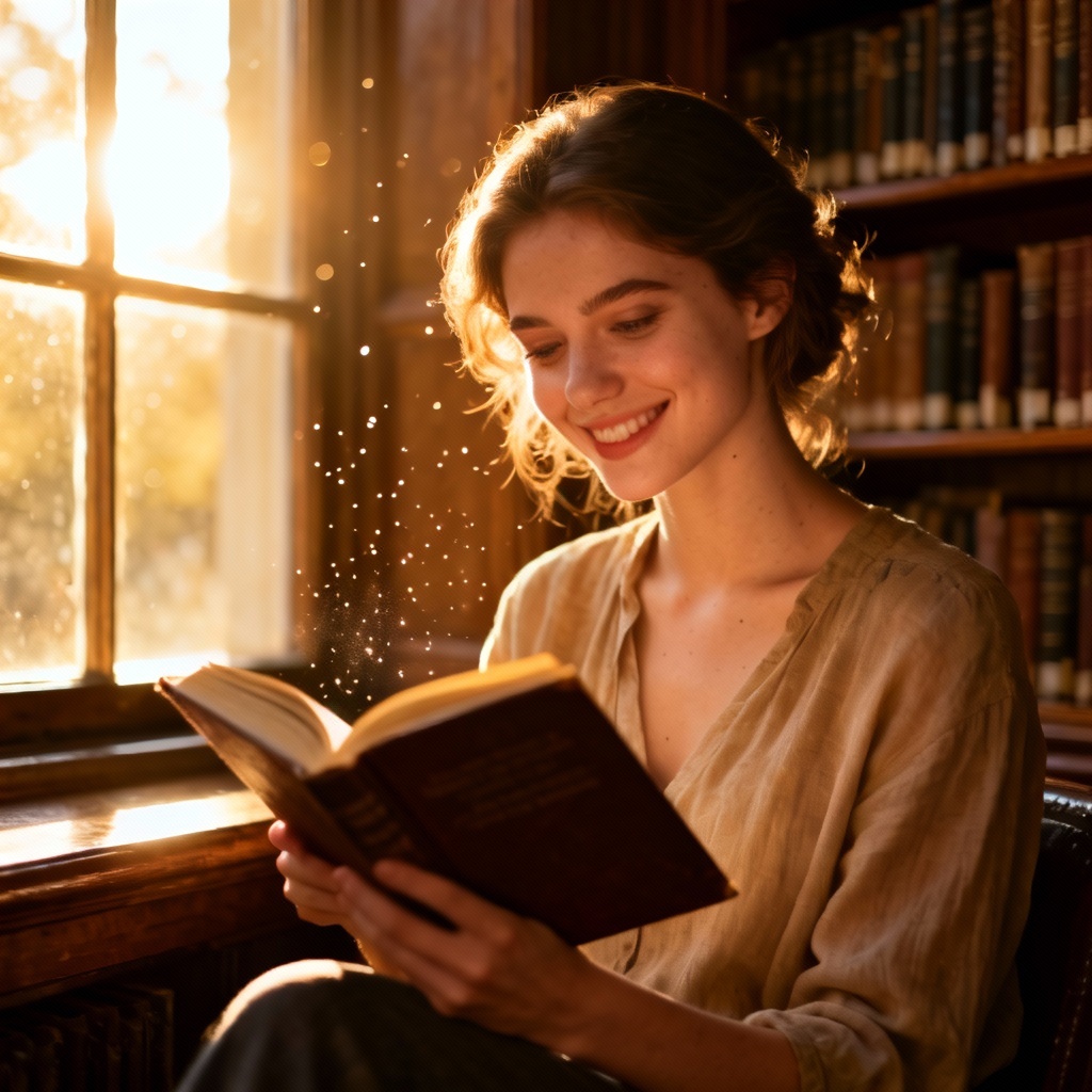 AI reading beauty portrait in a sunlit library with soft bokeh