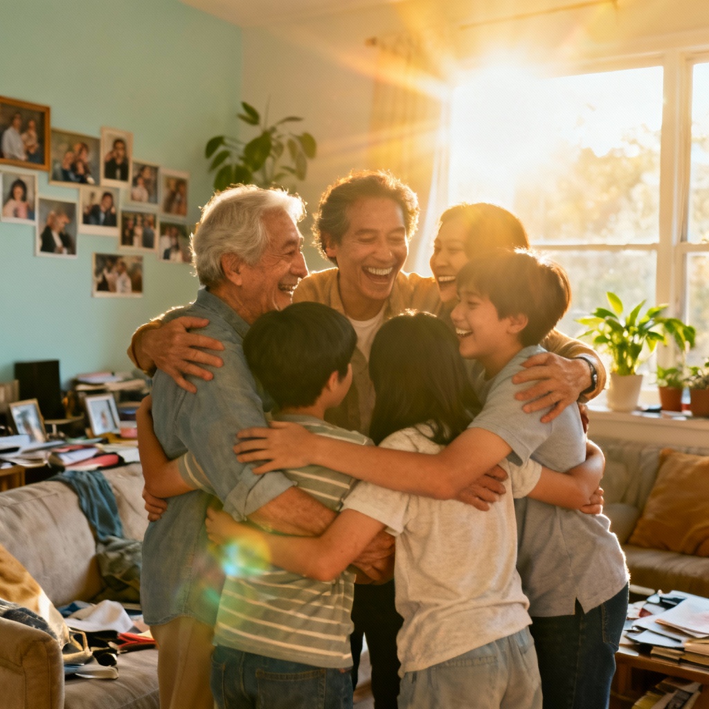AI image of a family group hug in soft sunlight
