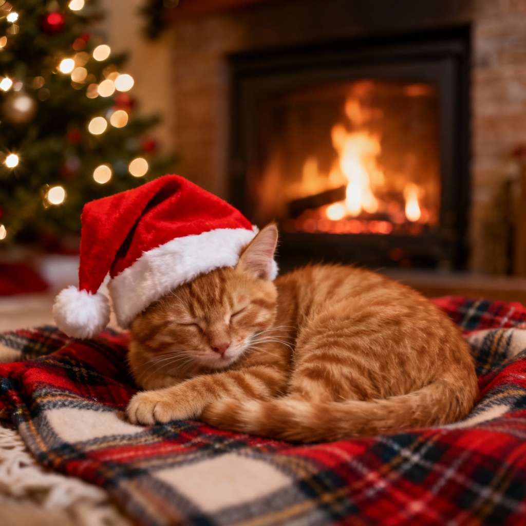 Photorealistic Santa kitten by fireplace Christmas scene