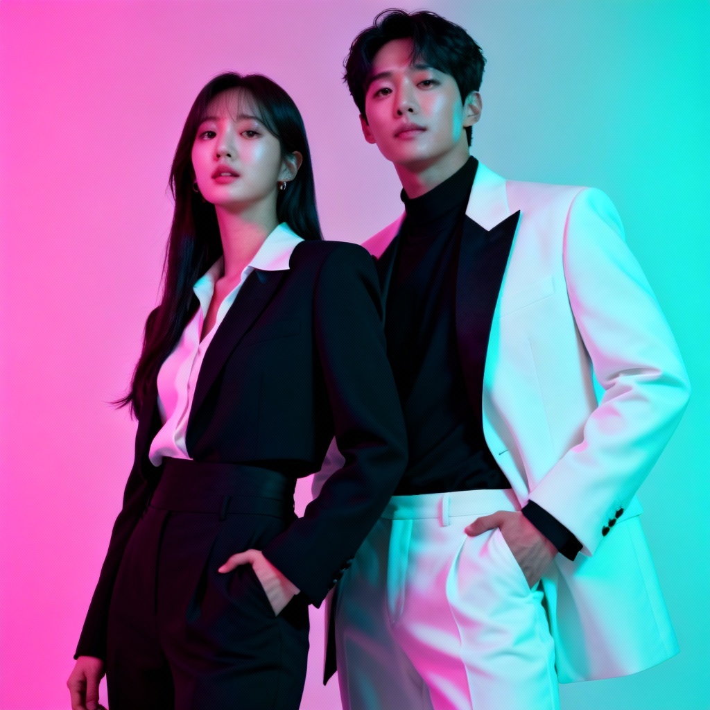 AI studio portrait of Korean couple with color gel lighting