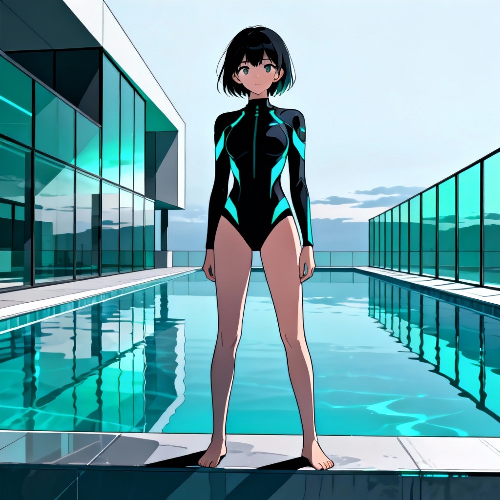 Techwear-inspired waifu in sleek swim set at a modern pool