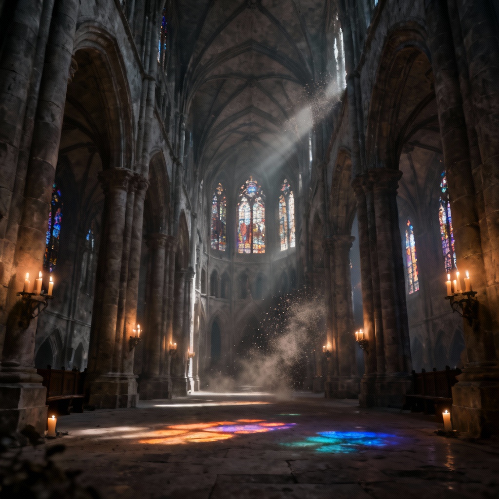AI gothic cathedral interior with chiaroscuro lighting