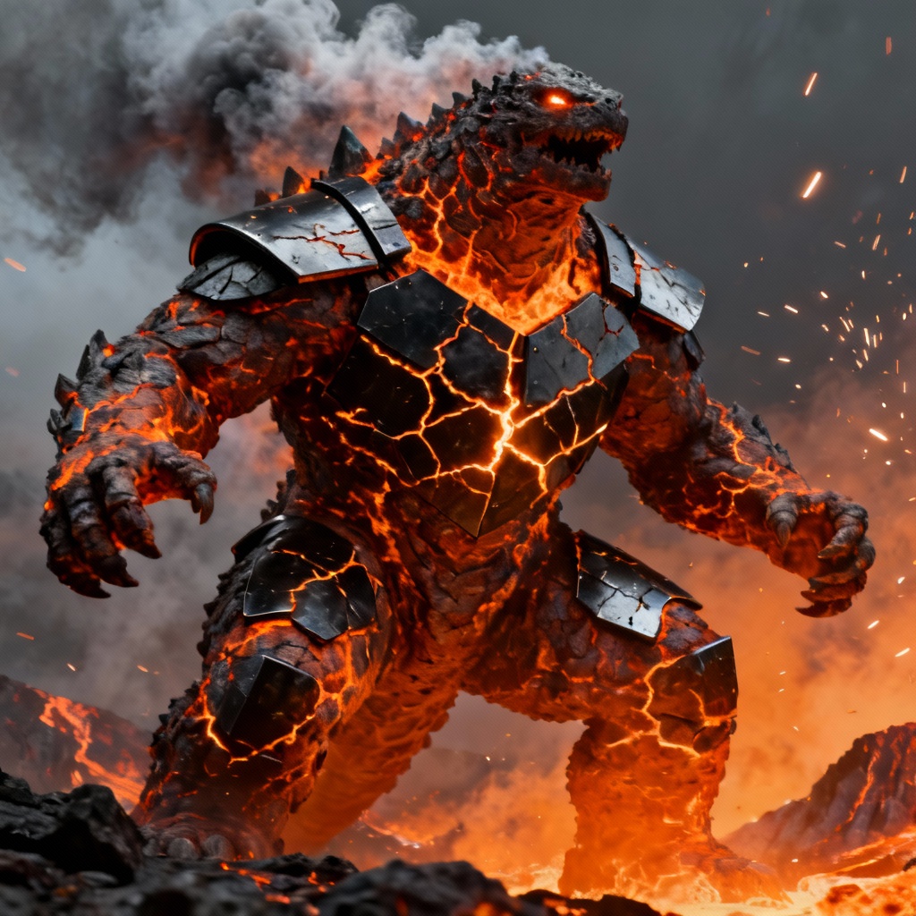 AI volcanic kaiju brute with molten cracks