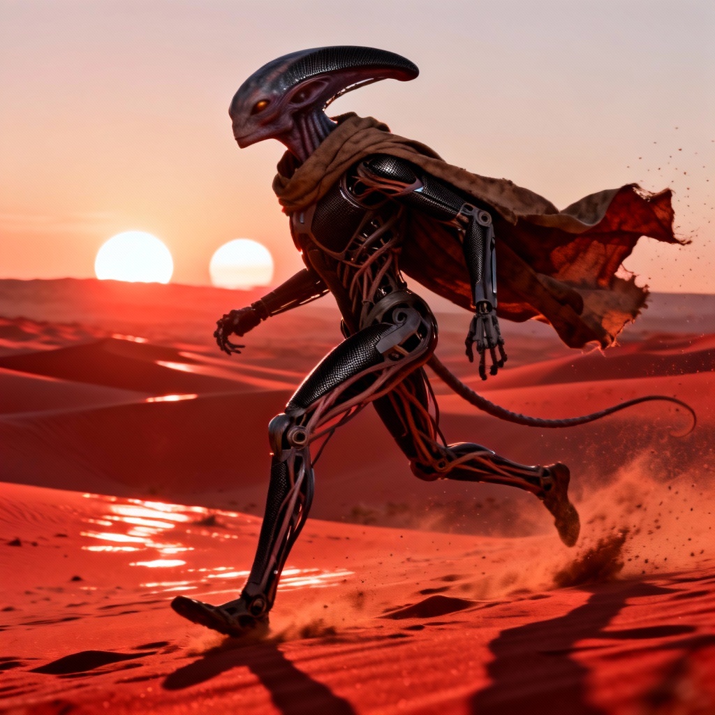 Biomechanical alien hunter crossing a red desert
