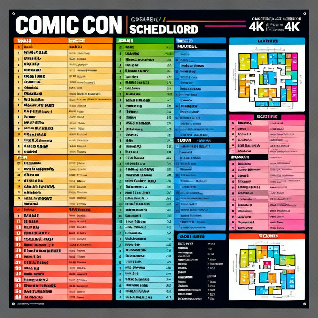 Comic convention schedule board with panels and room map