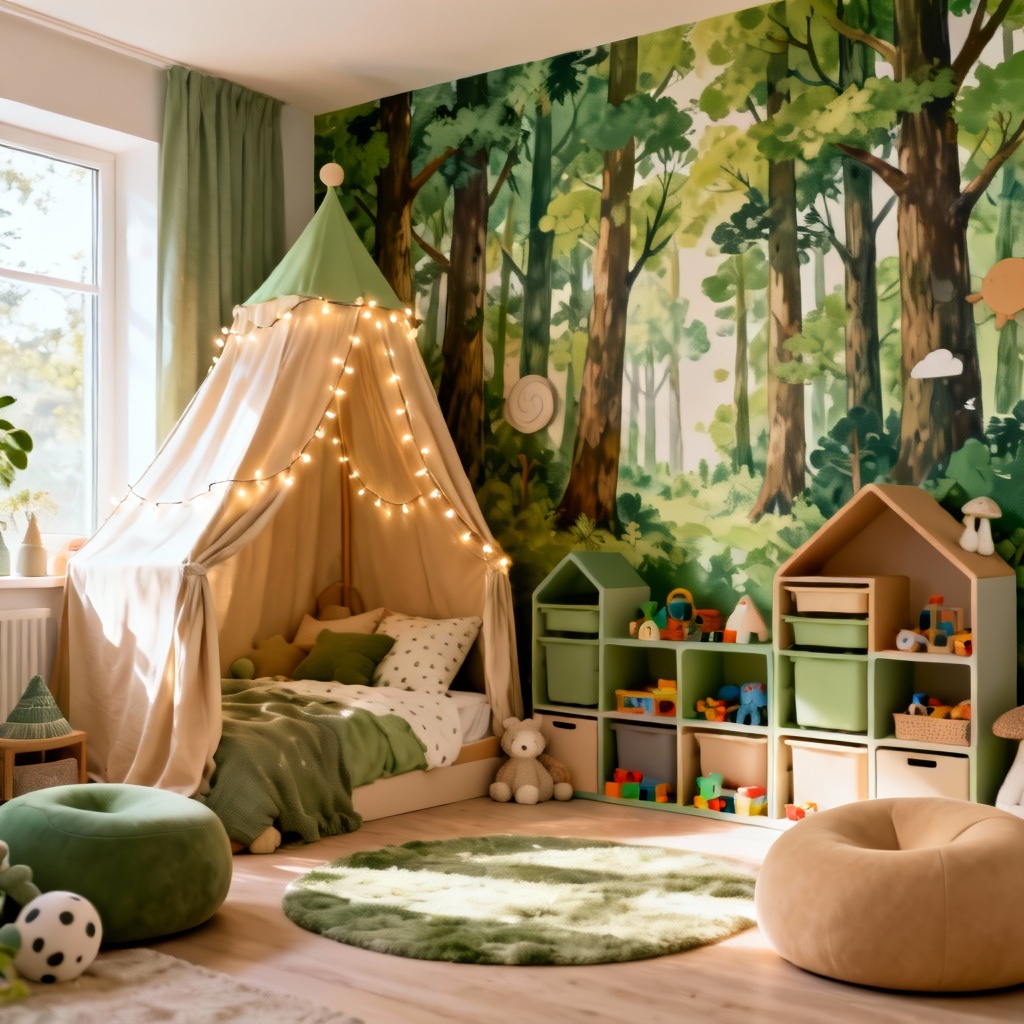 AI kids bedroom with playful forest theme