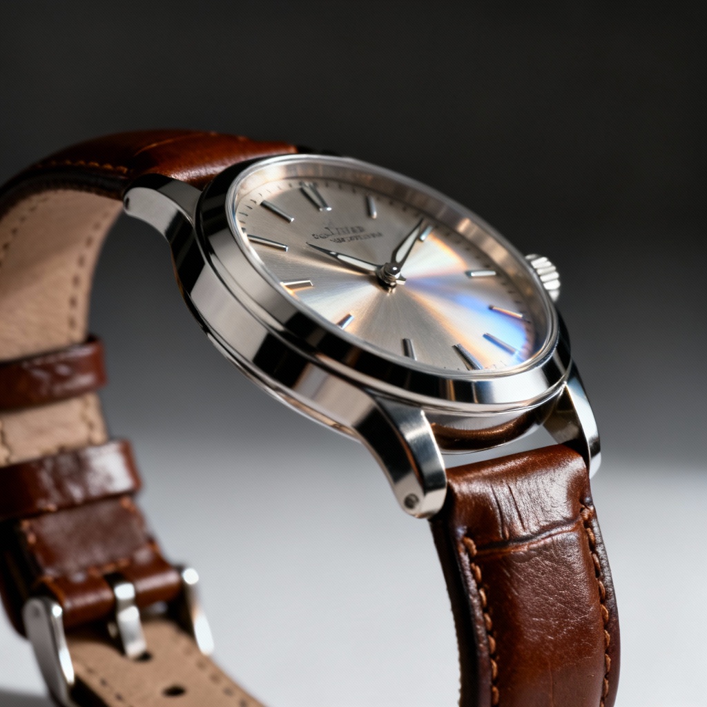 AI macro of luxury watch with polished steel and leather strap