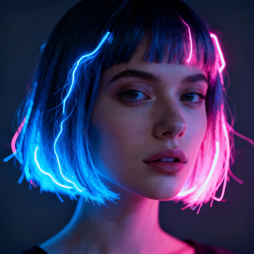 AI neon bob hairstyle with electric blue and pink glow