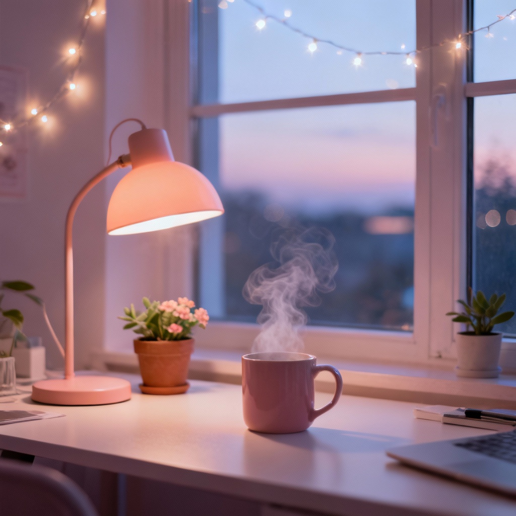 AI relaxed vibe lofi desk scene with warm lighting