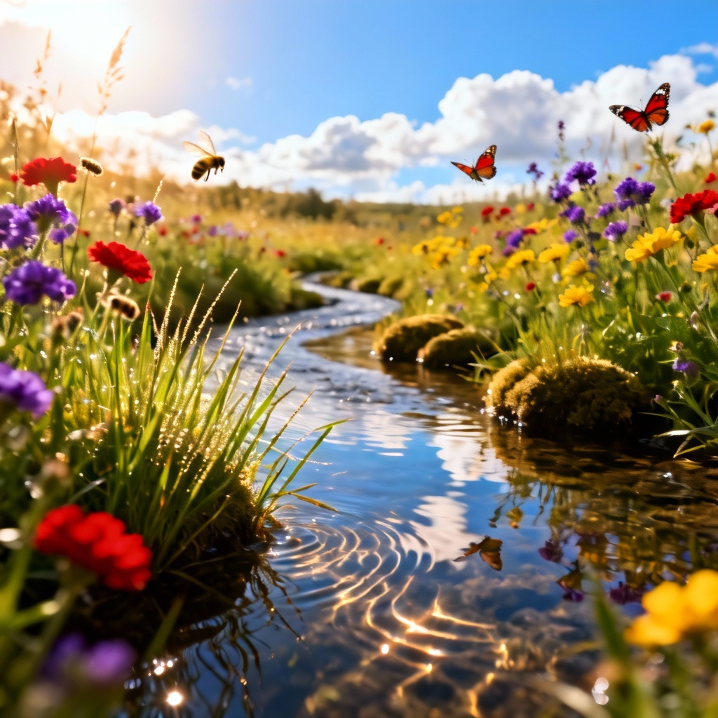 Vivid wildflower meadow with a small reflective stream