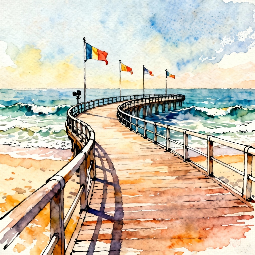 Watercolor seaside boardwalk with looping waves