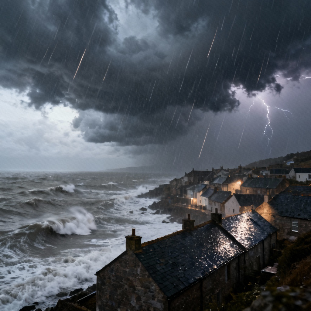 Stormy coastal town with rain and rough sea