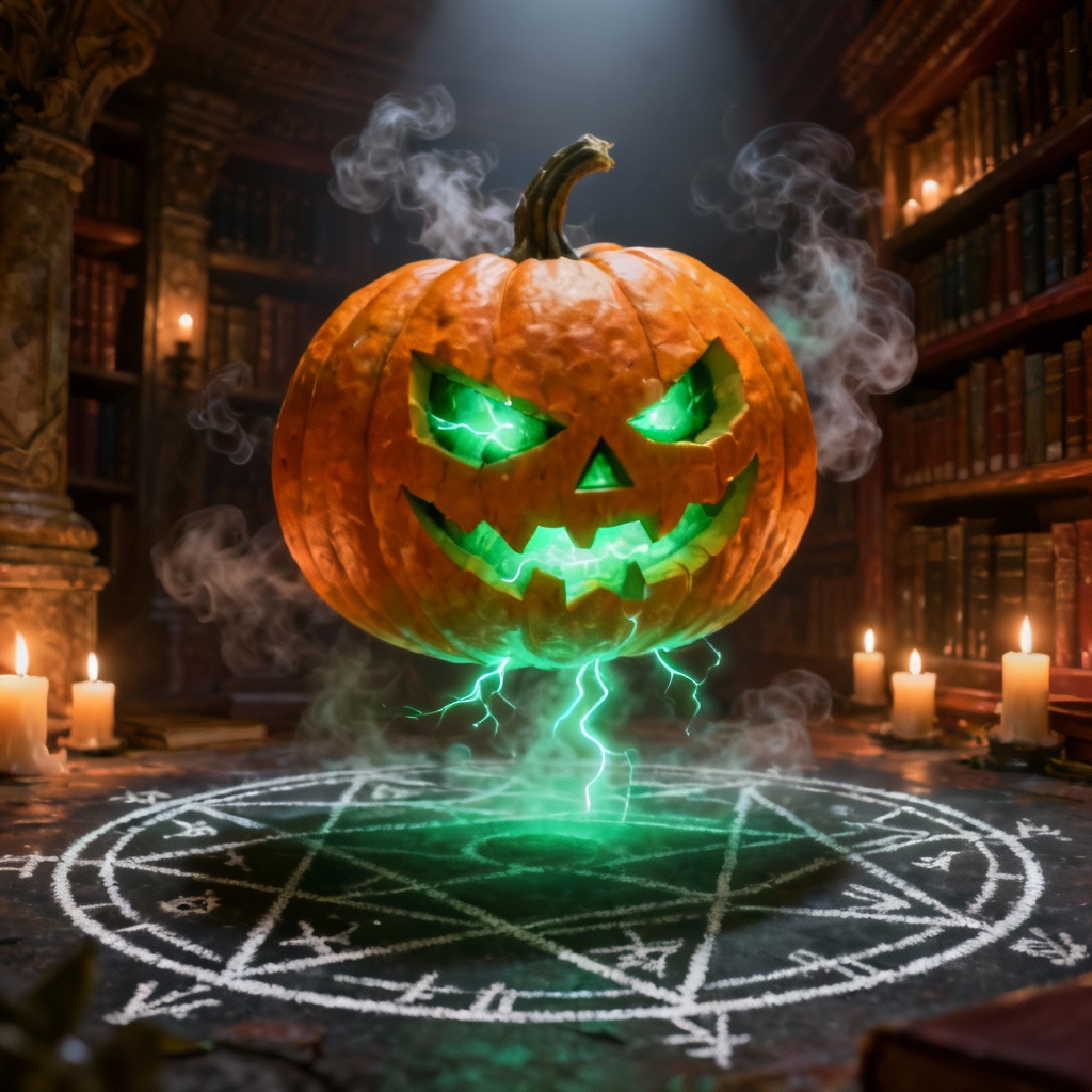 Glowing wizard pumpkin in a magical spell circle