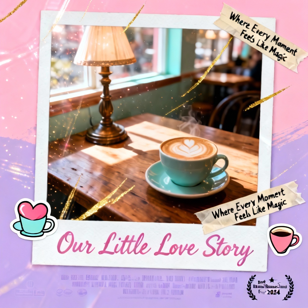 Indie romance AI movie poster with Polaroid collage