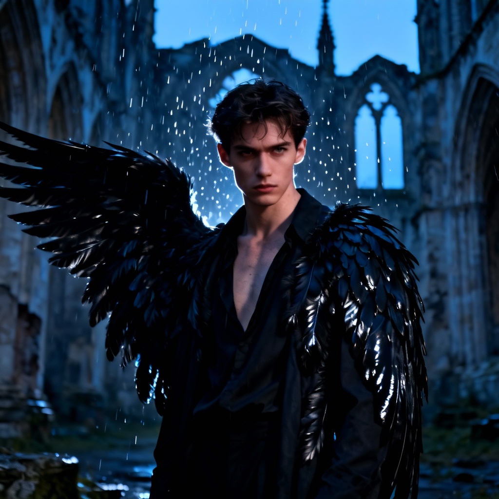 Male model with black angel wings in gothic ruins
