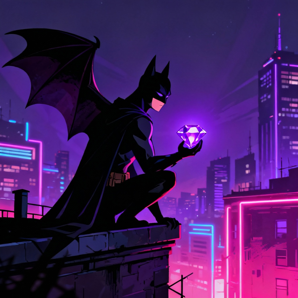 AI Sonic OC bat thief with jewel under neon city lights