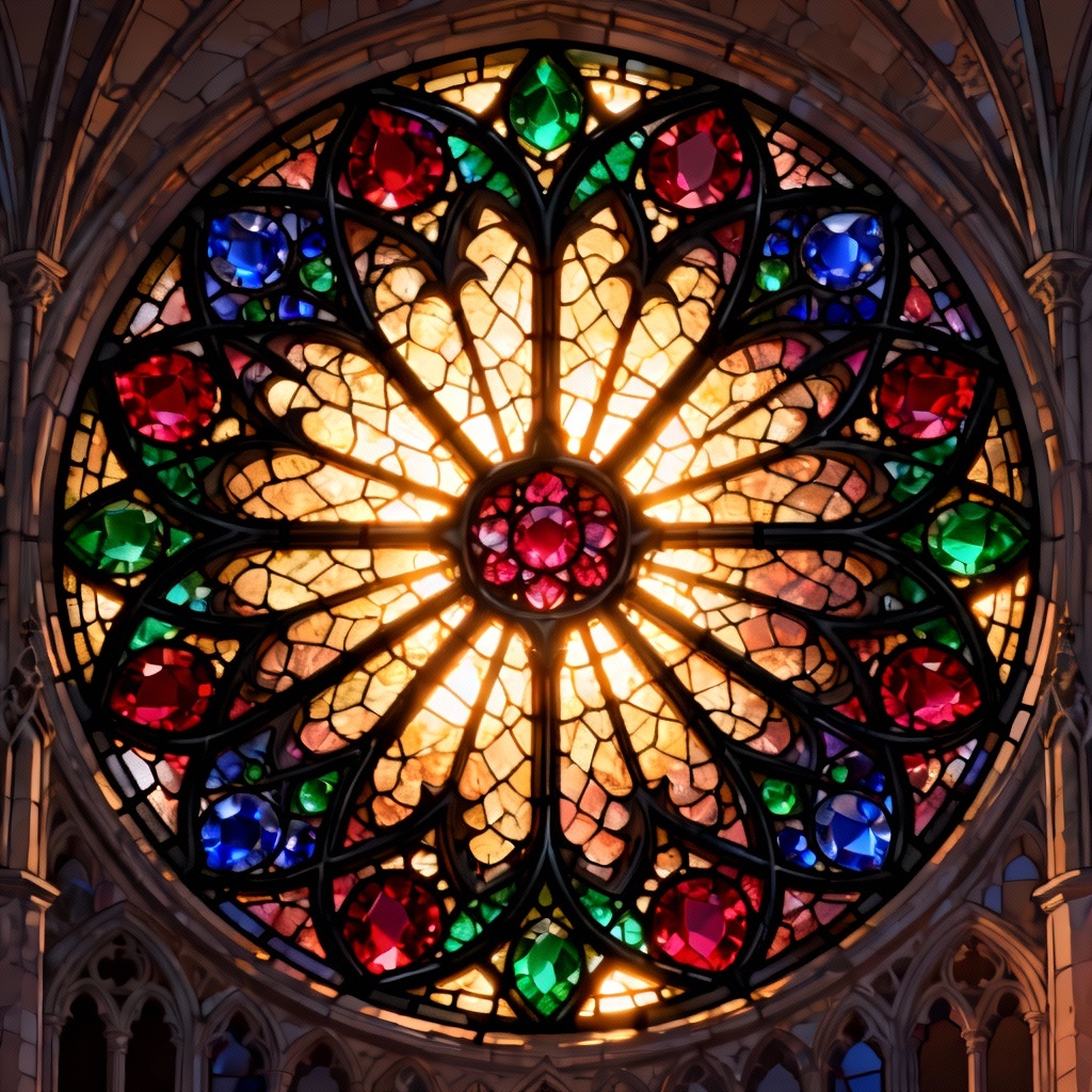 AI-generated stained glass rose window pattern with Gothic symmetry