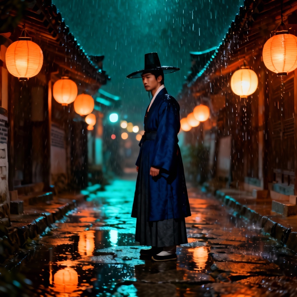AI K-drama hanbok scene under lanterns in the rain