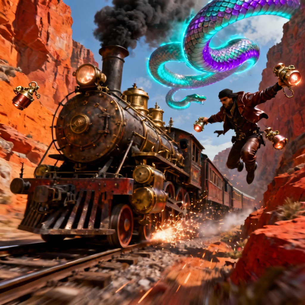 AI steampunk locomotive heist with sky serpents