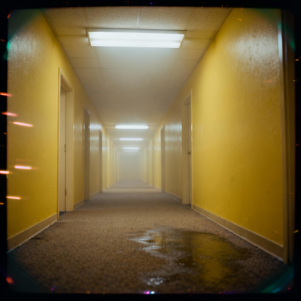 AI cursed backrooms corridor with buzzing fluorescent lights