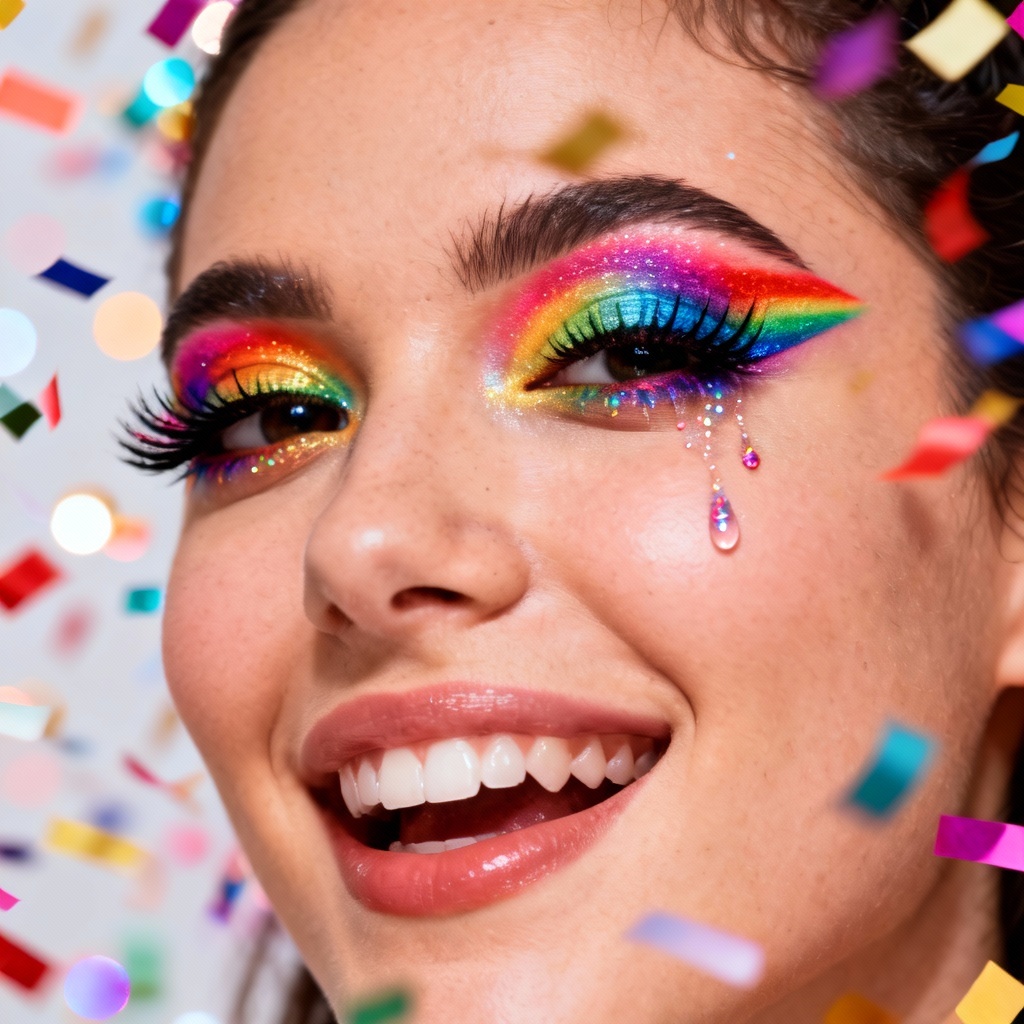 AI pride rainbow festival makeup with glitter tears