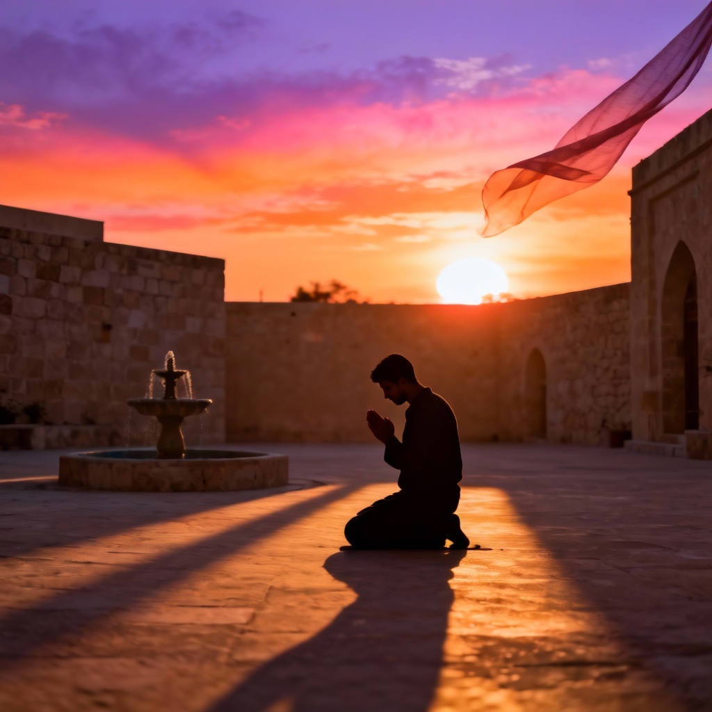 AI sunset mosque courtyard prayer silhouette