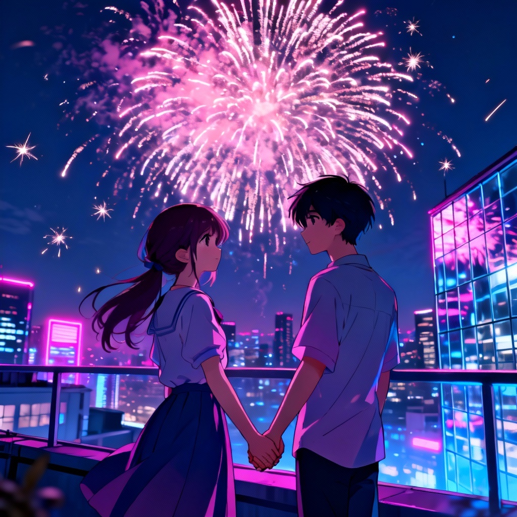 AI anime couple confession on a rooftop with fireworks