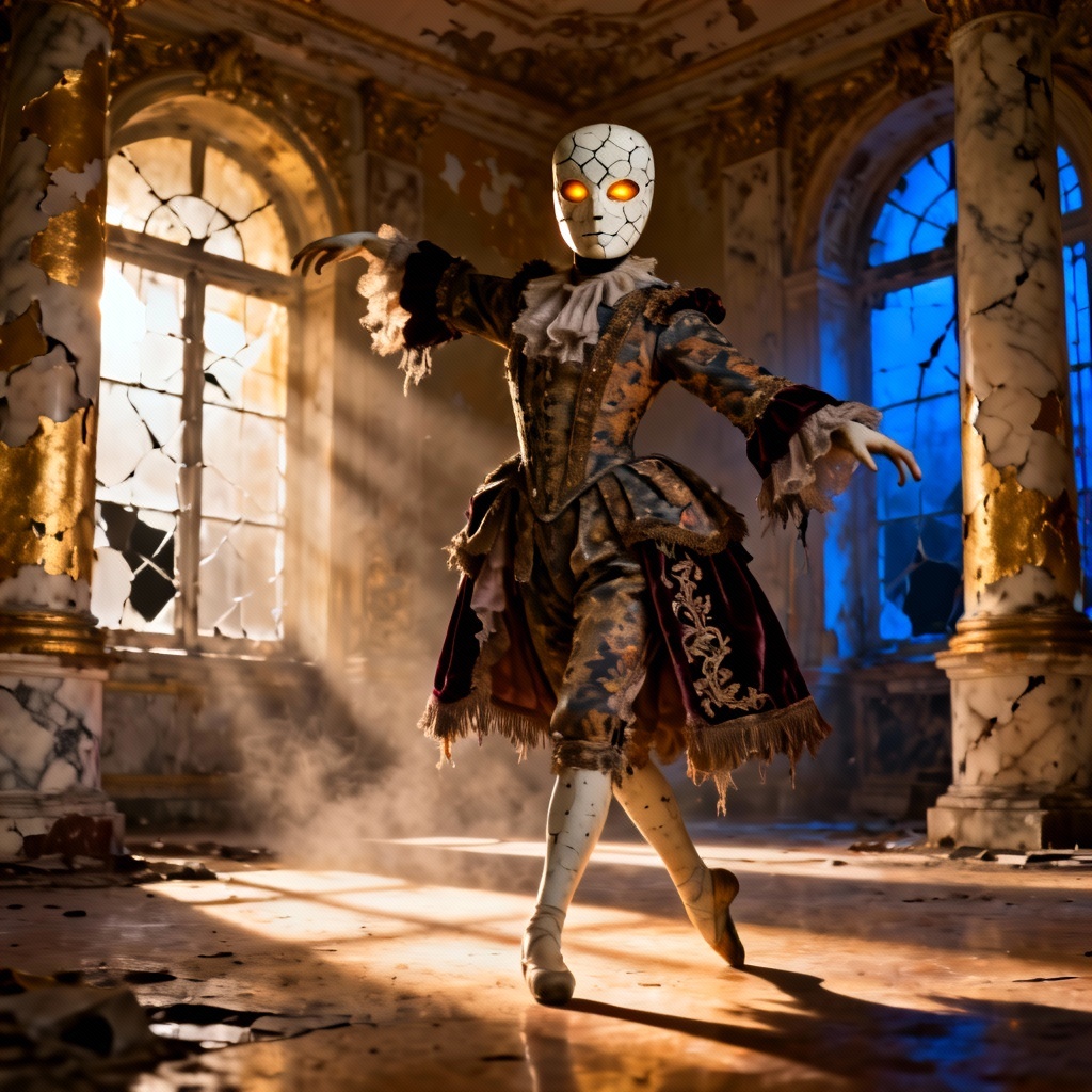 AI Porcelain Masked Villain In Abandoned Ballroom