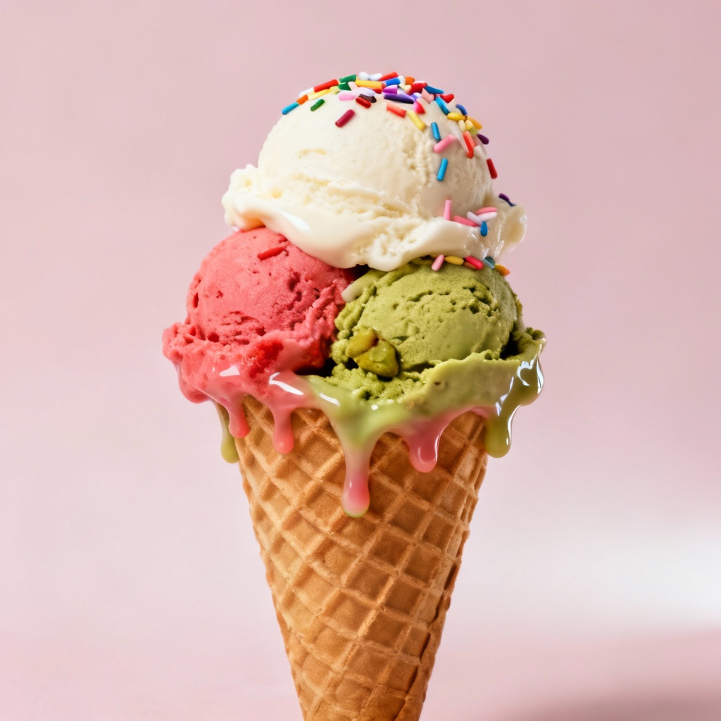AI ice cream waffle cone with three colorful scoops