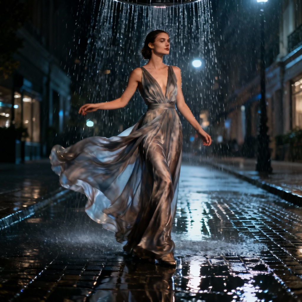 AI rain-soaked runway editorial with wet dress effect
