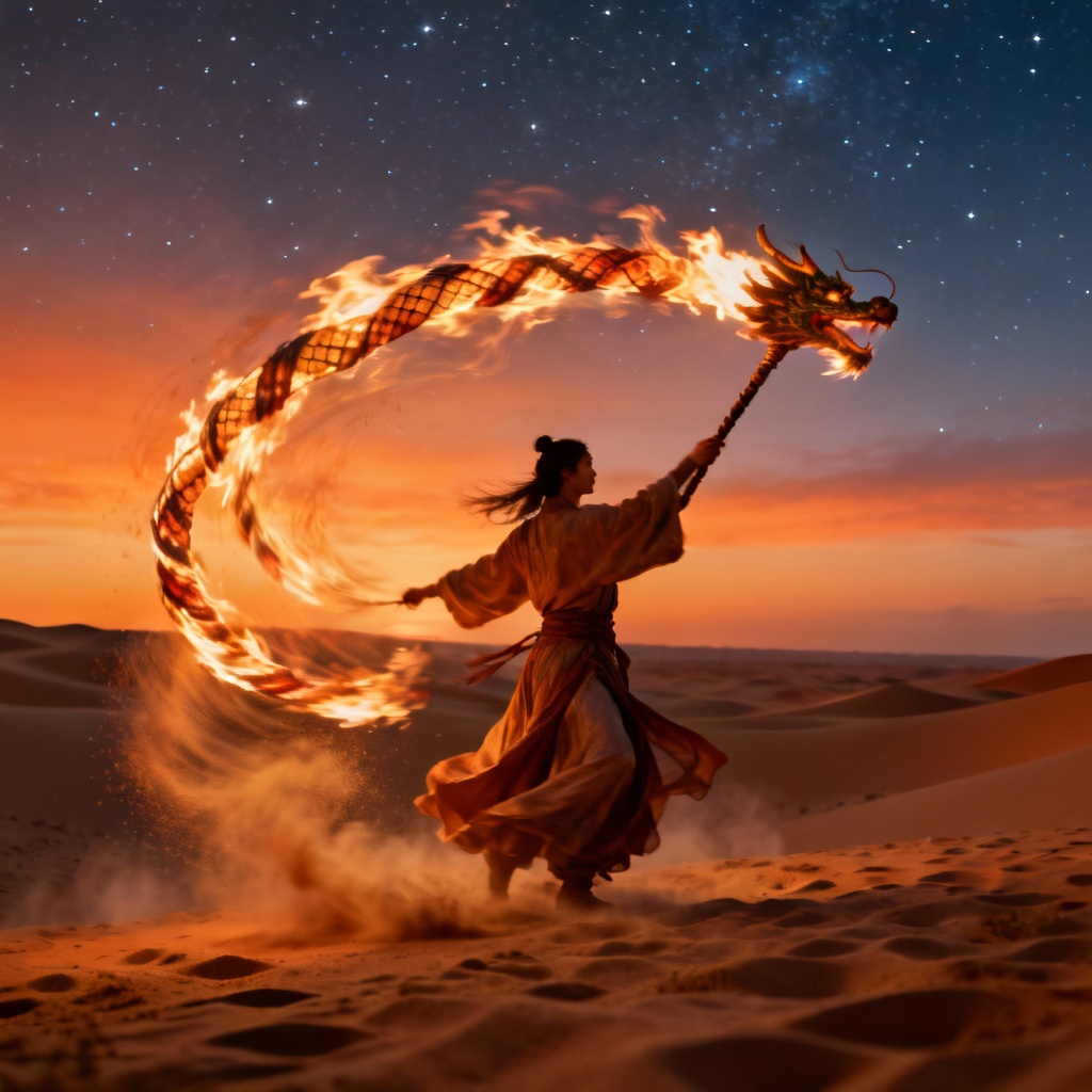 AI fire dance with dragon staff in a desert at dusk