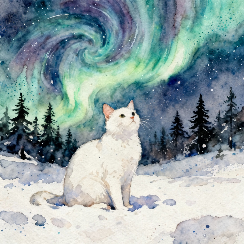Watercolor winter cat under aurora lights