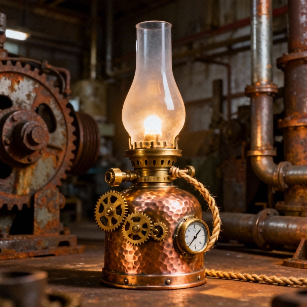 Steampunk oil lamp concept with gears and copper pipes
