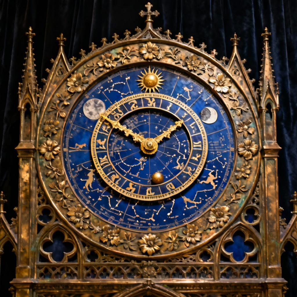 AI astronomical clock dial with zodiac ring and sun-moon subdials