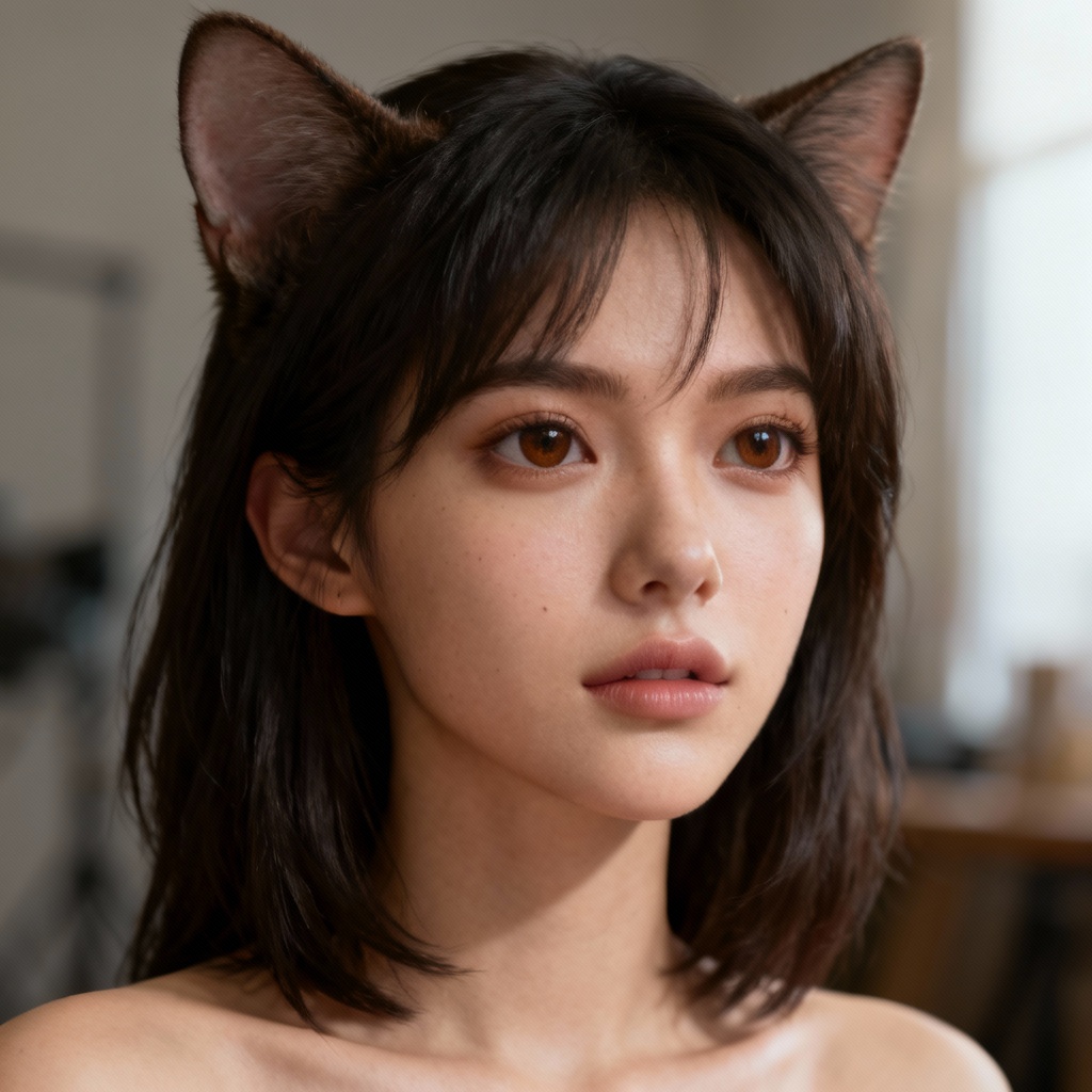 AI realistic cat girl portrait with studio lighting